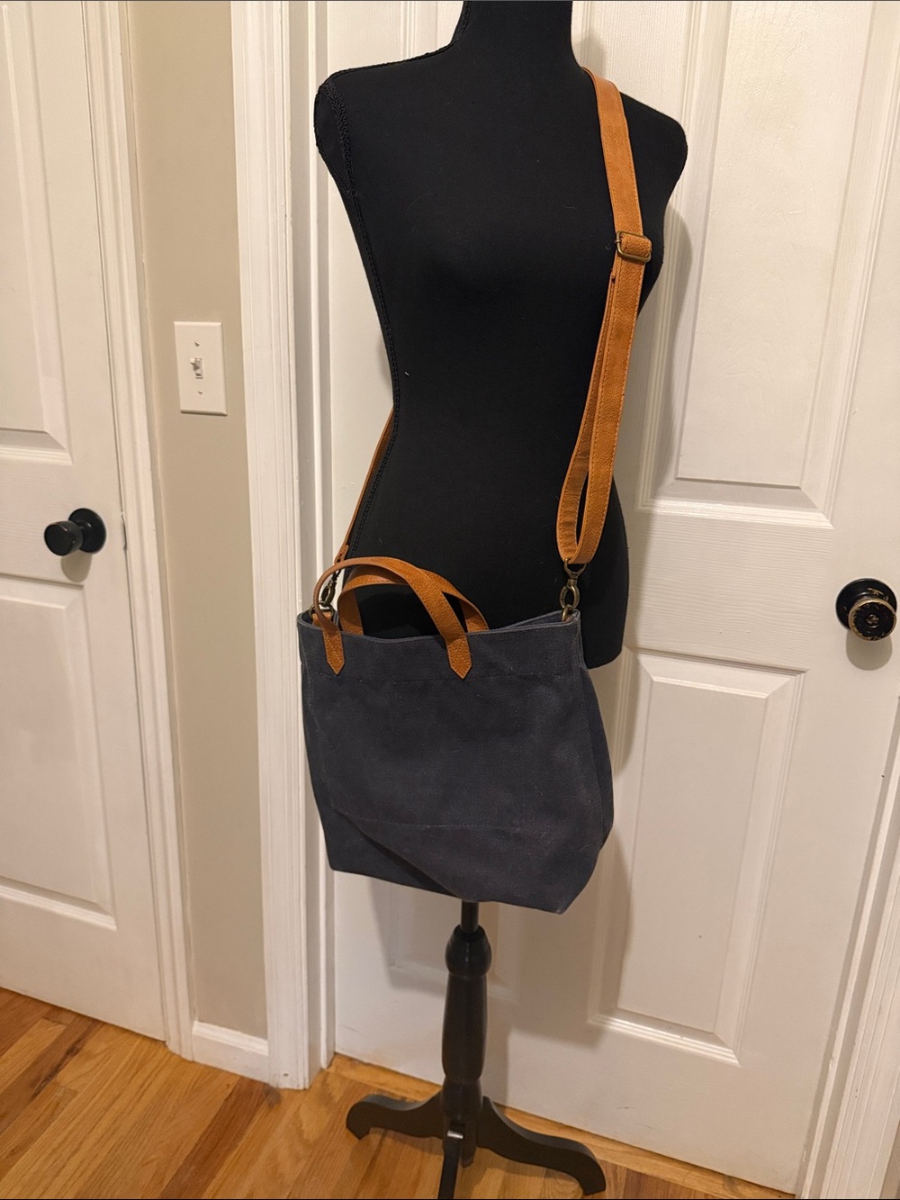 Classic Two-Tone Crossbody Tote - Navy and Tan